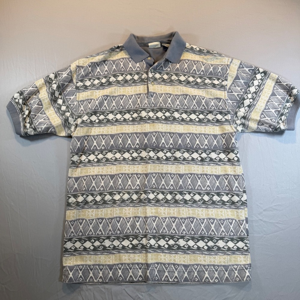 Vintage Bugle Boy Mens Large Geometric Tribal Print Polo Shirt Grey 90s RN 54054